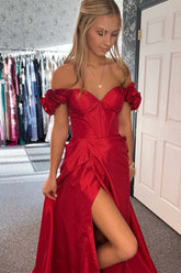 Straps Rosette Red A-Line Slit Long Prom Dress